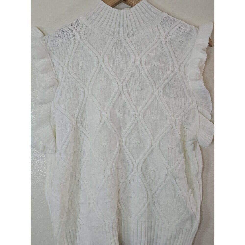 Allegra K White Cable Knit Sweater Vest Ruffle Sleeve Mock Neck Top Size M - Picture 5 of 11